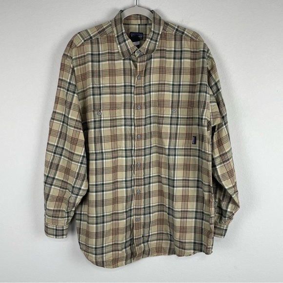 Patagonia Other - Patagonia Mens Tan Red Black Plaid Long Sleeve Button Up Shirt Size Large